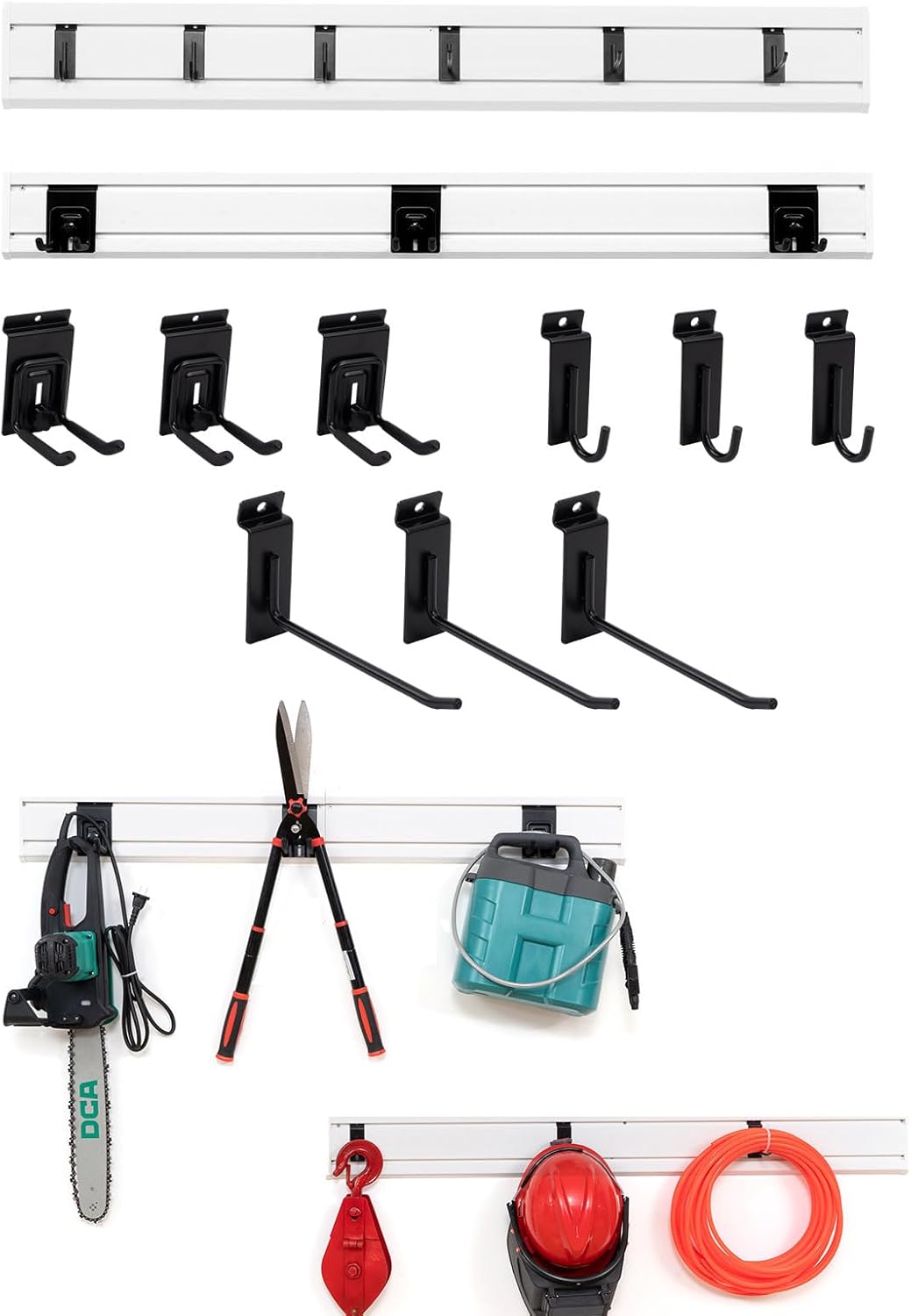 Slat Wall Paneling Garage Tool Organizer Wall Mount 4 Pack with Adjustable Metal Hooks 9 Pack, Garage Slat Wall Storage Systems Garage Storage & Organization Products, White Slatwall Total 96 inch