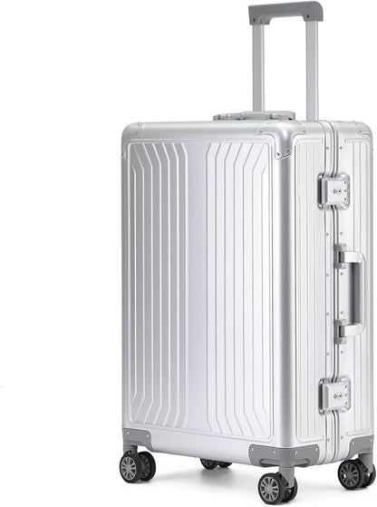 Metal all aluminum carry-on suitcase 20 "hard face, TSA lock and rotating wheel zippered luggage set (silvery, 20 '')