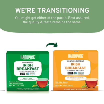 HANDPICK, Irish Breakfast Black Tea Bags (100 Count) Gluten-Free, Non-GMO | Strong, Robust & Bold Flavor | Round Eco-Conscious Tea Bags