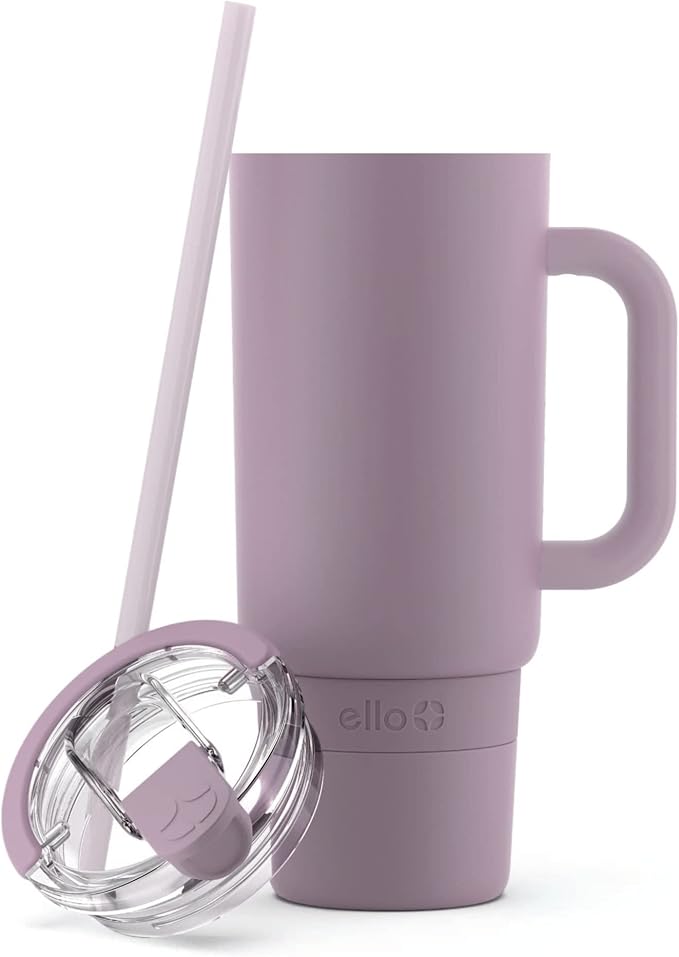 Ello Port 40oz Tumbler with Carry Loop & Integrated Handle, Vacuum Insulated Stainless Steel Reusable Water Bottle, Travel Mug with Leak Proof Lid and Straw, Perfect for Iced Coffee and Tea, Mauve
