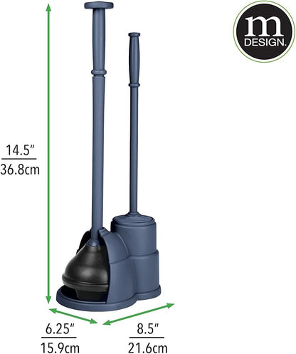 mDesign Plunger and Brush Set for Toilet Bowl - Hidden, Modern Toilet Brush and Plunger Set with Caddy - Brush Cleaner and Plunger Combo with Holder for Bathroom - Hyde Collection - Navy Blue