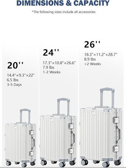 HotWay 20 Inch Aluminum Frame Carry On Luggage with Spinner Wheels, PC Hard Shell Suitcase with Cup Holder, Zipperless Luggage for Business Travel, White