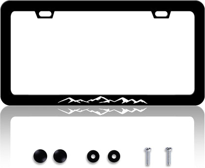 Black White Mountains License Plate Frame Mountain License Plate Frames Personalise Stainless Steel Funny Design Compatible with Standard License Plate Holder for USA Canada 6 X 12 Inch with Screws