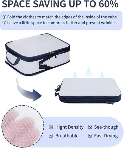 ECOHUB 6 Set Compression Packing Cubes, Lightweight Cruise Ship Vacation Travel Essentials, Durable Travel Accessories for Suitcase Luggage Organizer Bags Set with YKK Zippers Shoe Bag, Dark Blue