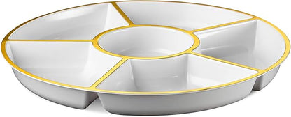 Plasticpro 6 Sectional Round Plastic Serving Tray/Platter (8, White & Gold)