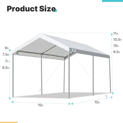 ADVANCE OUTDOOR Adjustable 10x15 ft Heavy Duty Carport Car Canopy Garage Boat Shelter Party Tent, Adjustable Height from 9.5 ft to 11 ft, White