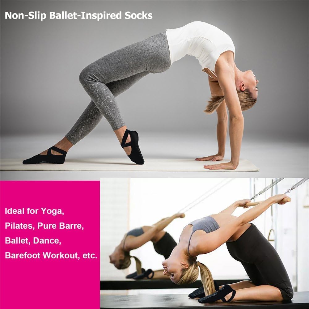 Ozaiic Yoga Socks for Women Non-Slip Grips & Straps, Ideal for Pilates, Pure Barre, Ballet, Dance, Barefoot Workout