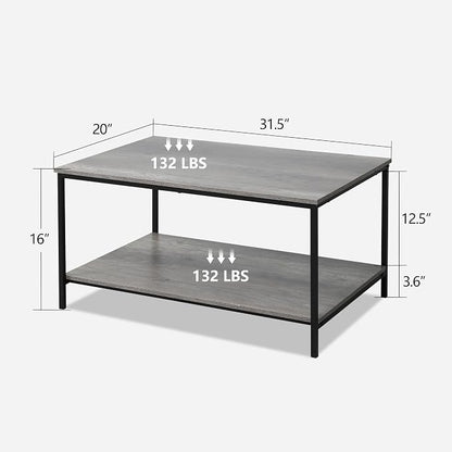 SENIG 2-Tier Coffee Table with Storage Shelf for Small Living Spaces, Grey Oak Rectangle Wood and Sturdy Metal Side End Table, Stable Metal TV Stand, Functional Center Table for Living Room