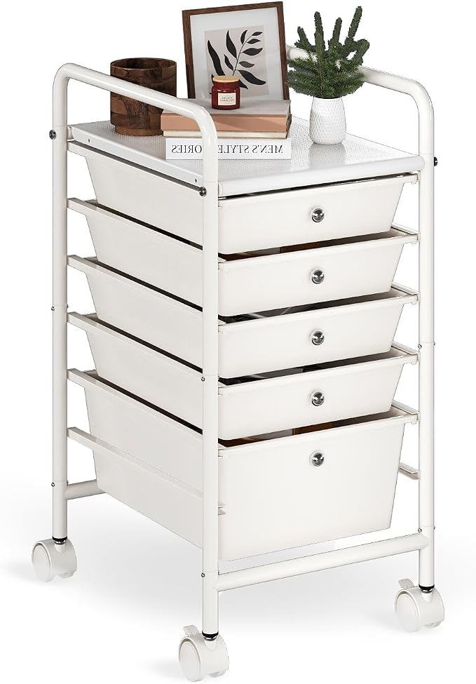 6-Tier Rolling Cart with 5 Drawers, Rolling Utility Cart with 2 Lockable Caster Wheels, Multipurpose Mobile Rolling Storage Drawer Cart for Office Bathroom Kitchen, Ivory White