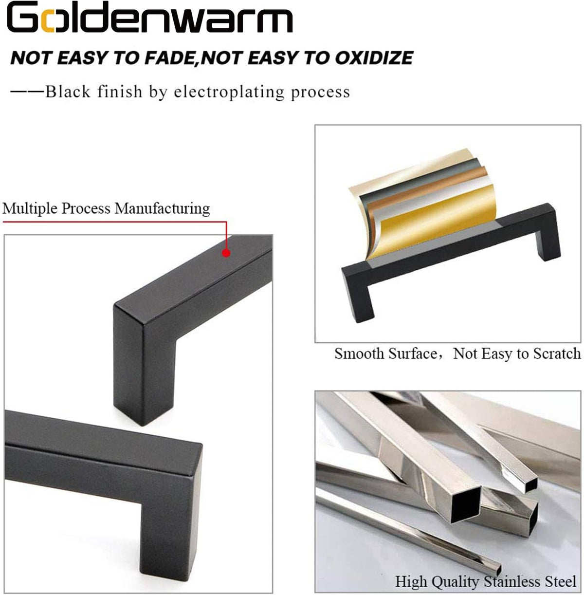goldenwarm 200 Pack 5 Inch Black Cabinet Handles - Matte Black Drawer Pulls Stainless Steel - 128mm Cabinet Hardware Square Bar Modern Cabinet Pulls for Kitchen Bathroom Cupboard