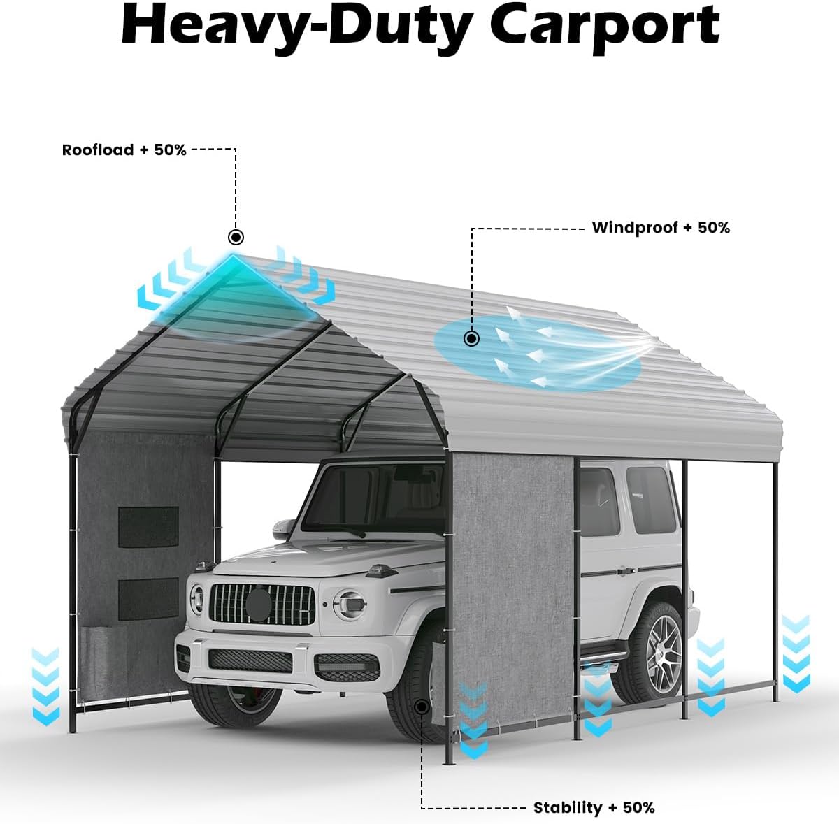 10'x15'x10' Heavy Duty Metal Carport, Steel Carports Canopy with Galvanized Steel Frame and Roof, Metal Carport Shelter for Boats, SUVs and Trucks