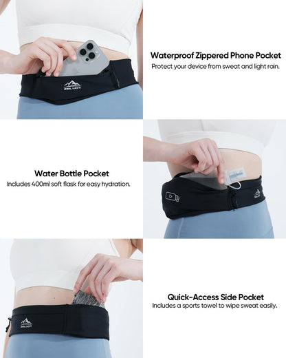 Running Belt with 400ml Soft Flask, Extension Strap & Phone Holder, Adjustable Running Fanny Pack with Gym Towel, Waterproof Belt Bag for Women Men for Jogging Hiking Marathon