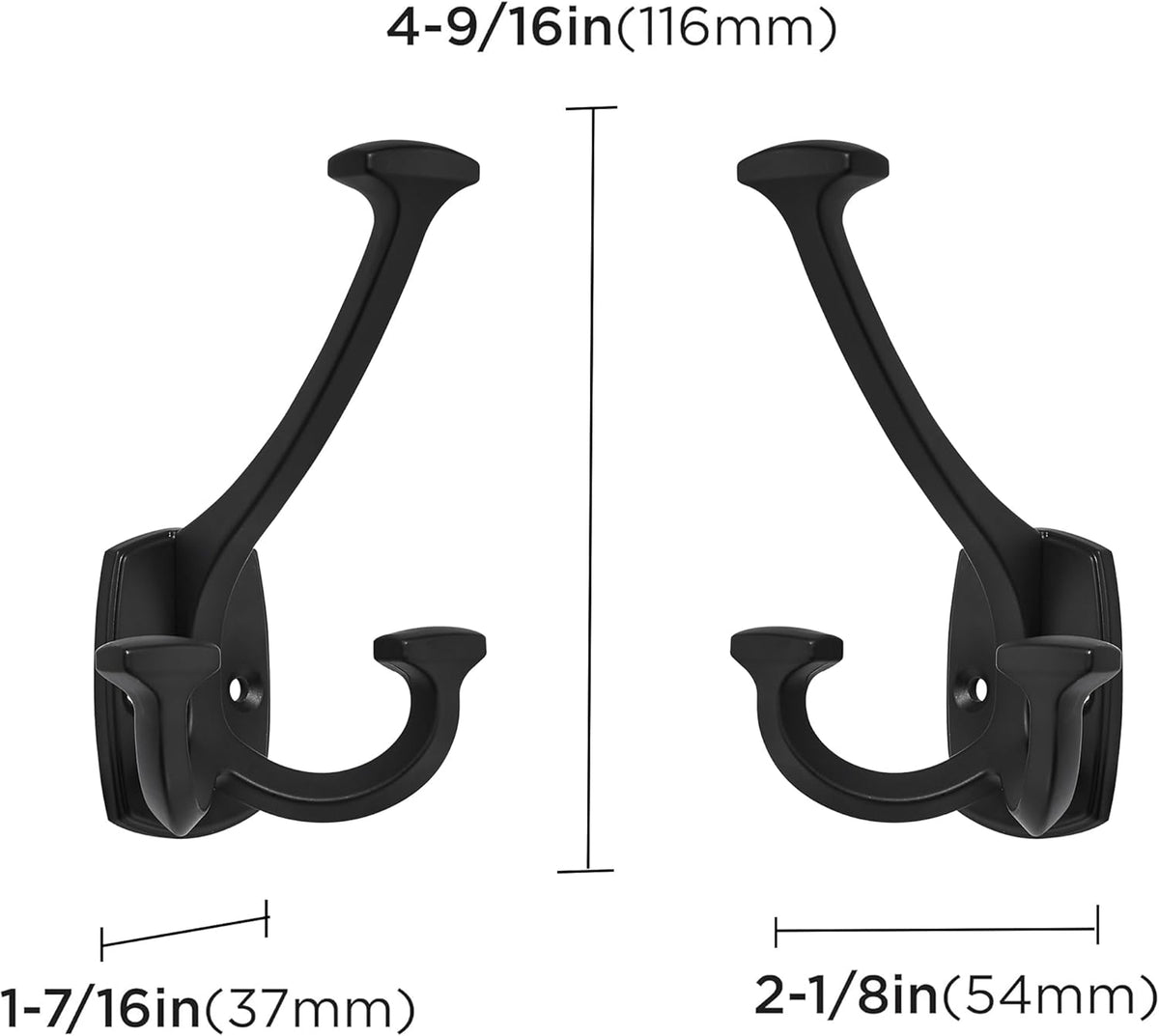 Large Wall Double-Sided Hook 2 Pack Matte Black Hook Decorative Heavy Duty Solid Large Coat Hooks for Towel Hanging Coats Robe Towel Bags Door Back 2 Prong Hooks