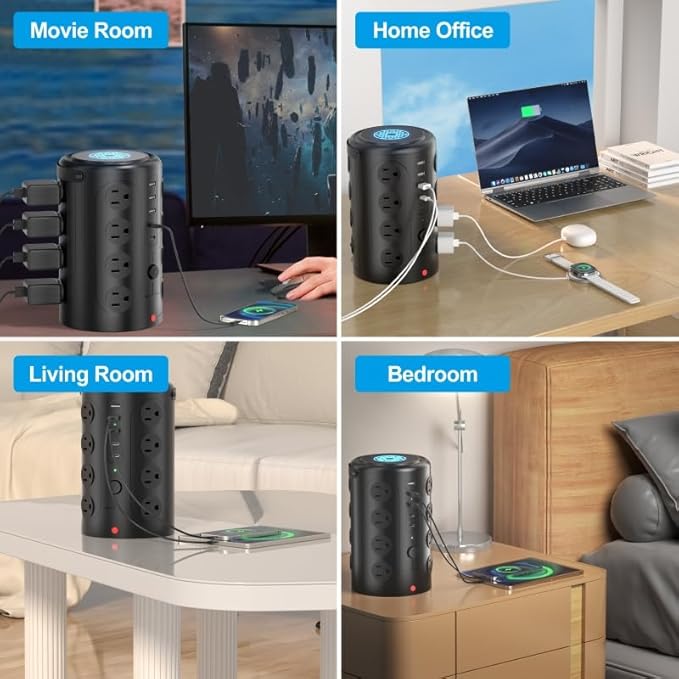 Surge Protector Power Strip,Desk Charging Station with 15W Wireless Charger, Multiple Outlets Charging Station with 16 AC Outlets & 5 USB (2 USB C) Port, for Home, Office, Dorm Room（10FT）