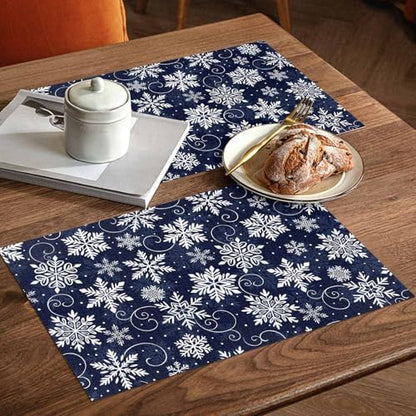 Christmas Placemat 1PC, White Navy Snowflakes Pattern Heat Resistant Washable Table Place Mats Winter Cotton Table Linens Party Holiday Decor for Kitchen Dining Outdoor Indoor