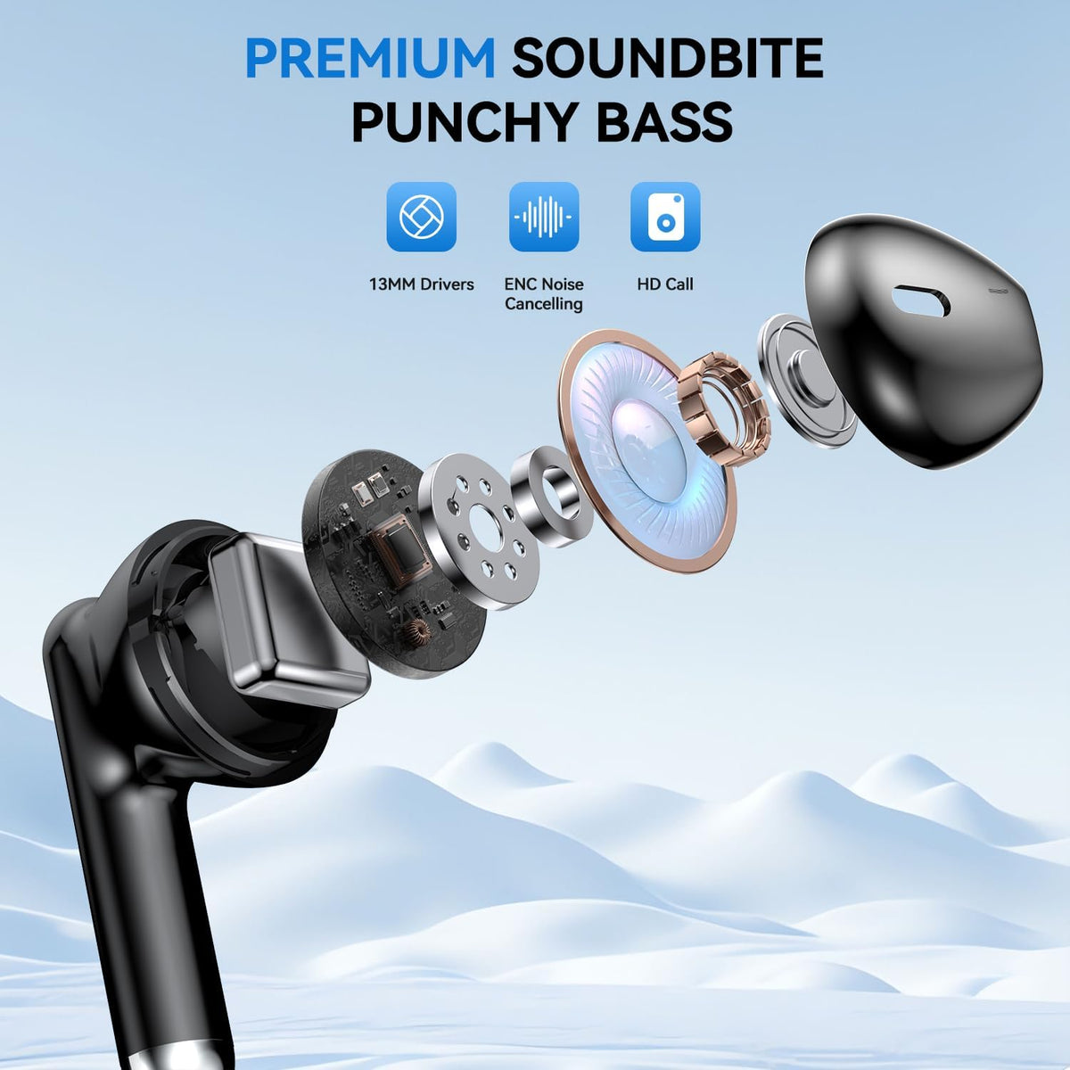 Wireless Earbuds, 2025 Bluetooth 5.4 Bass Stereo Headphones with 4 ENC Mic, 50H Playback Ear Buds with Charging Case LED Display,Sport Earphones IPX7 Waterproof for Phone, Android, Pad, Black