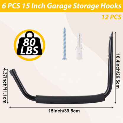 6 PCS 15 Inch Garage Hooks Heavy Duty Kayak Storage Hooks Hanger Black Kayak Storage Rack Ladder Hooks for Garage Wall Mount Garage Wall Hooks for Canoe Paddle Board, Ladder, Hose, Bicycle