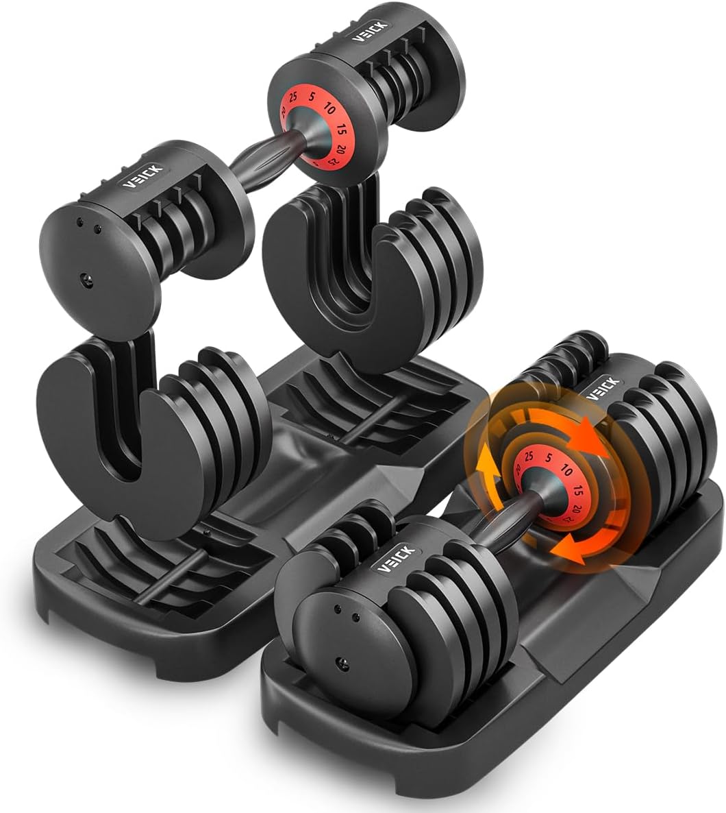 VEICK 25/55 lbs Adjustable Dumbbell with Anti-Slip Turning Handle, Fast Adjust Weight for Men Women, Exercise Equipment with Tray for Home Gym Full Body Workout Fitness