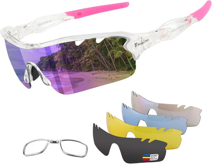 BangLong Polarized Sports Sunglasses Cycling Sun Glasses for Men Women with 5 Interchangeable Lenes for Running Baseball Golf