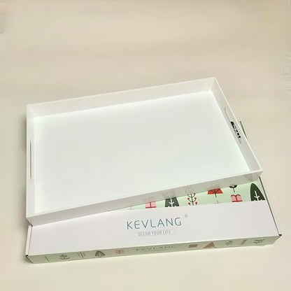 Glossy White Sturdy Acrylic Serving Tray with Handles-12x20 Inch-Serving Coffee Appetizer Breakfast-Kitchen Countertop Makeup Drawer Organizer-Vanity Table Ottoman Decorative Tray