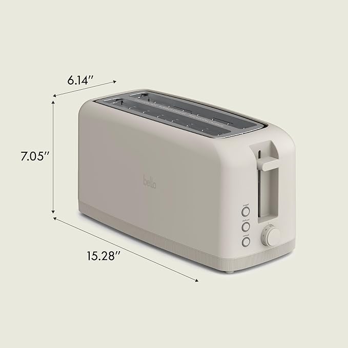 bella 4 Slice Slim Toaster, Fits-anywhere™ Kitchenware, 6 Setting Shade Control with Reheat & Cancel Buttons, Fits Sourdough, 10” Long Slot, Anti Jam & Auto Shutoff, 900 Watt, Oatmilk