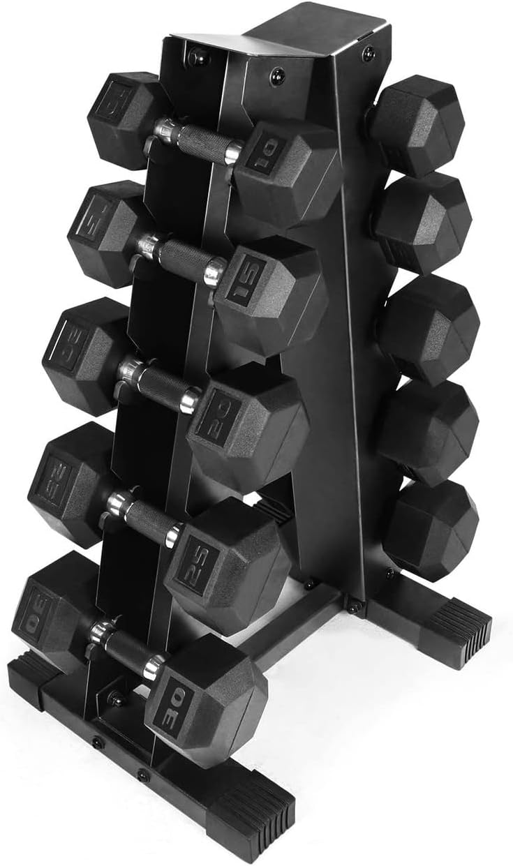 WF Athletic Supply Rubber Encased Hex Dumbbells with Rubber Grip Contoured Handle for Muscle Toning, Strength Building & Full Body Workout