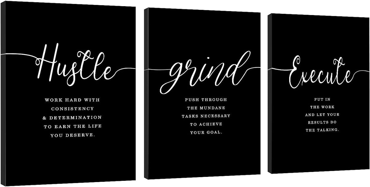 Hustle Grand Slogan Poster,Gift for Boss, Present for Father, Framed Canvas Wall Art Success Quote, Office Wall Art, Black Large Poster, Inspirational Print (F-3pcs,16x24inchx3pcs)