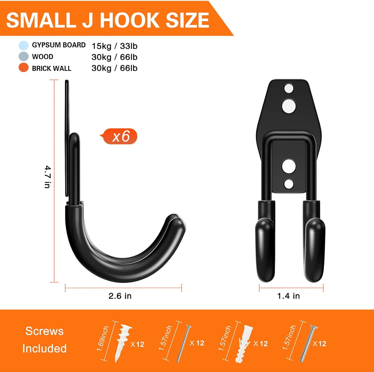 Heavy Duty Garage Hooks 6 Pack, J Shaped Hanger, Wall Mounted Storage System, Power and Garden Tool Organizer, for Hanging Ladders, Bikes Tires, Hose, Bulk Items
