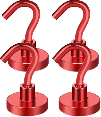 MIKEDE Magnetic Hooks Heavy Duty, 28LB+ Strong Magnets with Hook for Fridge, Neodymium Extra Strength Industrial Hooks for Hanging, Magnetic Hanger for Toolbox, Cruise, Grill(Red,4 Pack)