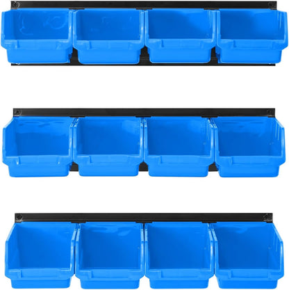 Ultrawall Wall Mounted Storage Bins, Plastic Hanging Storage Organizer Bins, Garage Tool Storage System for Screws, Nuts, Bolts, Nails, and Small Hardware Parts, 12x bins & 3 x rails, Blue