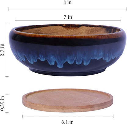 SQOWL 7 Inch Round Ceramic Succulent Planter Pot Drip Glazed Shallow Planter with Drainage Bamboo Tray for Indoor Plants