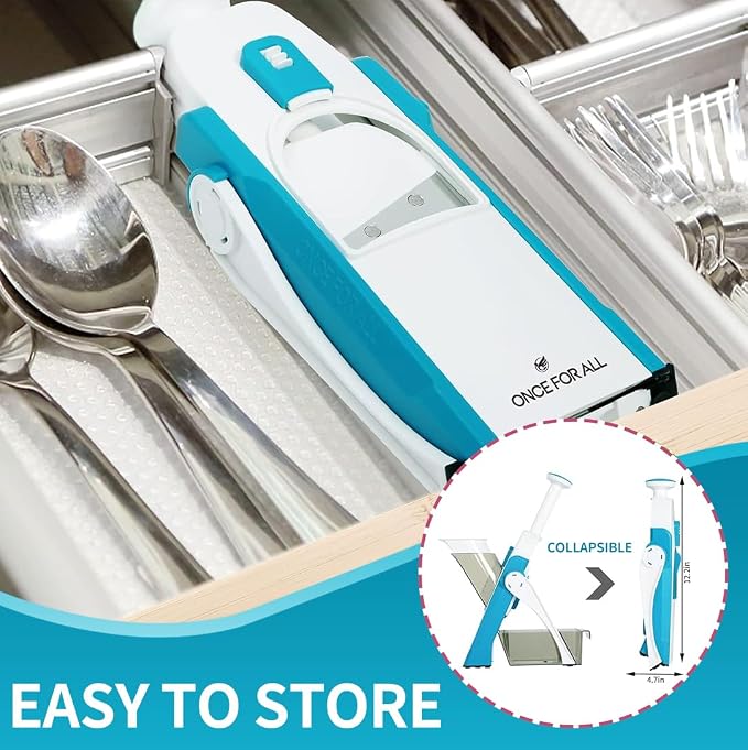 ONCE FOR ALL Safe Mandoline Slicer 5 in 1 Vegetable Cutter, Strips Julienne Dicer Adjustable Thickness 0.1-8 mm for Kitench Fast Meal Prep (Blue)