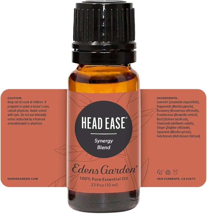 Edens Head Ease Essential Oil Blend- 100% Pure Premium Grade, Undiluted, Natural, Therapeutic, Aromatherapy, The Best for Diffusing, Skin, Face, Humidifiers 10 ml (.33 fl oz)