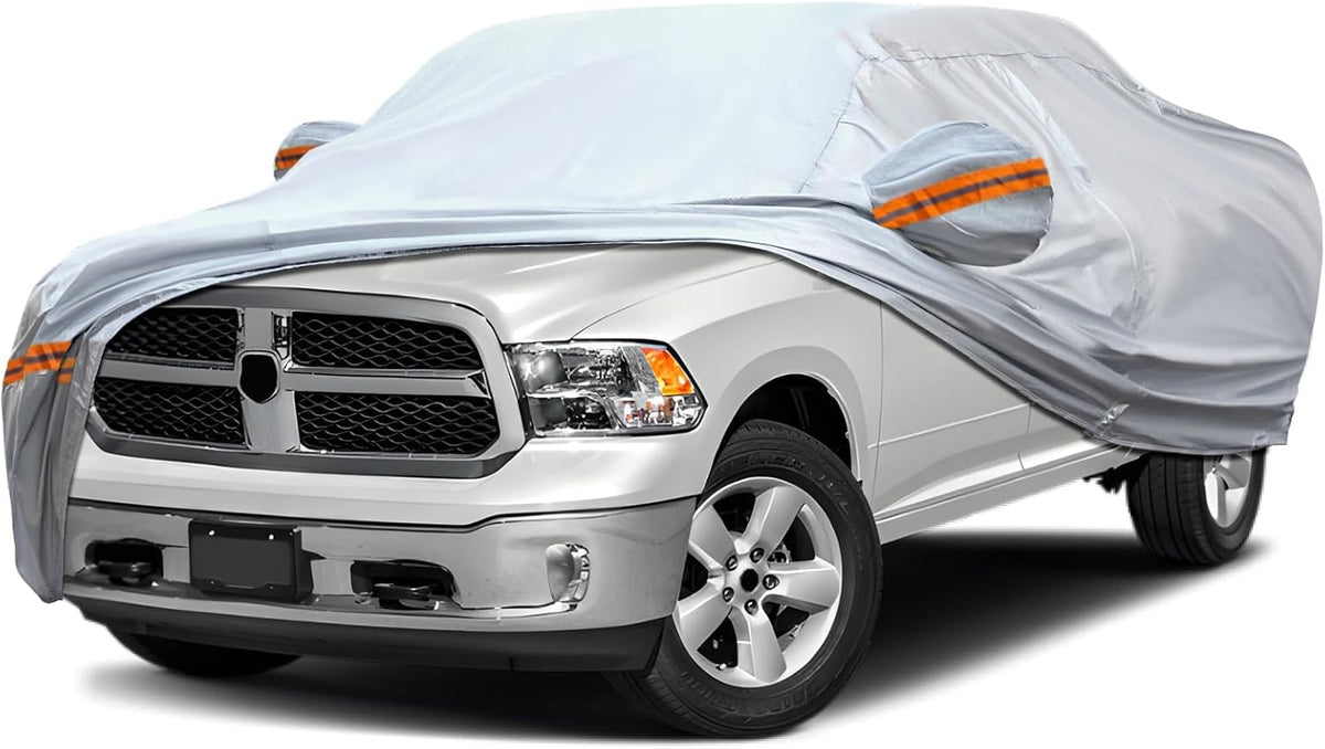 KEYOOG Car Cover, Fit for 213"-237" Length Pickup Truck, 6-Layer All-Weather Waterproof, Universal in All Seasons, Snow Prevention, Rainproof, Acid Rainproof, Sunscreen, Orange Reflective Strip