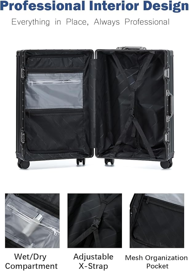 HotWay 26 Inch Aluminum Frame Luggage with Spinner Wheels, PC Hard Shell Suitcase with Cup Holder, Zipperless Luggage for Business Travel, Black