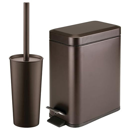 mDesign Metal Freestanding Slim Toilet Bowl Brush and Holder + Rectangle Narrow 5 Liter / 1.3 Gallon Step Pedal Trash Can Wastebasket for Bathroom - Small, Compact Design - Set of 2 - Bronze