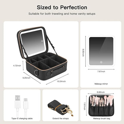Travel Makeup Bag with LED Mirror, Cosmetic Bags for Women with Light up Mirror, Travel Essentials Makeup Organizer, Makeup Case with Adjustable Dividers and Brush Holder, 3 Color Lights