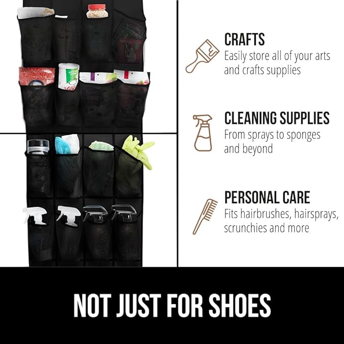 GORILLA GRIP Over the Door Shoe Organizer, 24 Large Breathable Mesh Pockets, Space Saving Hanging Storage Holder, Closet Rack Hanger Holds Up to 40 lbs, Hangs on Closets for Shoes, Accessories, Black