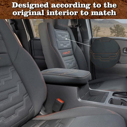 Muslogy for Frontier Center Console Pad Armrest Box Cover Vegan Leather Soft Accessories Armrest Lid Protector Compatible with Nissan Frontier 2022-2024 2025 (Regular Thick, V2 Orange Stitching)