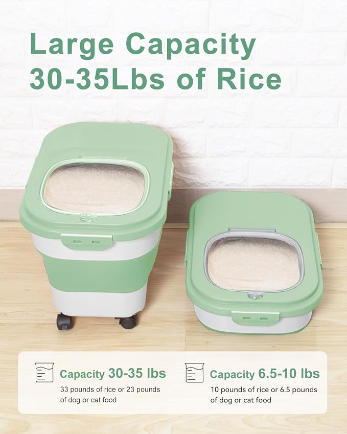 20-30 Lbs Rice Storage Container,Collapsible Food Storage Containers with Rolling Wheel Airtight Locking Lid,Flour Storage Container with Cup and Scoop,Suitable for Food,Rice,Pet Food,Flour