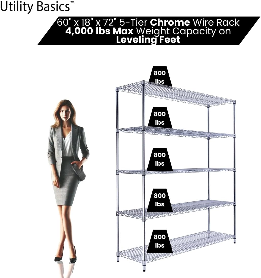 60"x18"x72" Chrome 5-Tier PREMIUM Wire Shelving NSF 4000 LBS MAX CAPACITY Heavy Duty Steel Storage Rack for Warehouses, Garages, Hospitals, Commercial Spaces, & Schools w/PREMIUM WHEELS