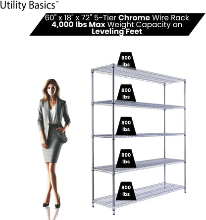 60"x18"x72" Chrome 5-Tier PREMIUM Wire Shelving NSF 4000 LBS MAX CAPACITY Heavy Duty Steel Storage Rack for Warehouses, Garages, Hospitals, Commercial Spaces, & Schools w/PREMIUM WHEELS