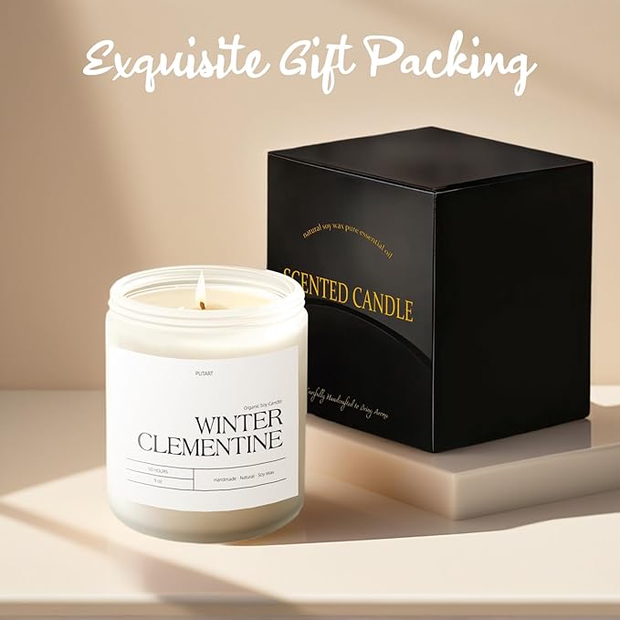 Winter Clementine Scented Candles for Home, 9oz Natural Soy Wax Aromatherapy Organic Citrus Candle for Stress Relief, Long Burning & Lasting Jar Candle Gifts for Christmas, Winter, Holiday