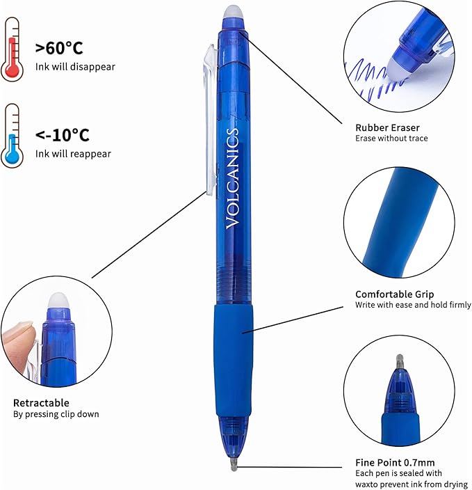 Volcanics Erasable Gel Pens, 36 Pack, 6 Colors, 0.7mm Fine Point