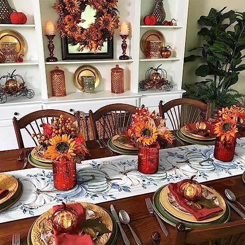 Fall Table Runner Blue Pumpkin Table Runners Harvest Thanksgiving White Blue Pumpkins Wooden Cotton Linen Dresser Scarf Kitchen Dining Table Decor for Autumn Holiday Party Coffee 13x90 Inch