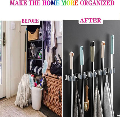 Mop and Broom Holder, 4 Positions 5 Hooks Heavy Duty Mop Hanger Wall Mounted Stainless Steel Organizer for Home Laundry Bathroom, Garage Storage Systems Utility Tools Rack