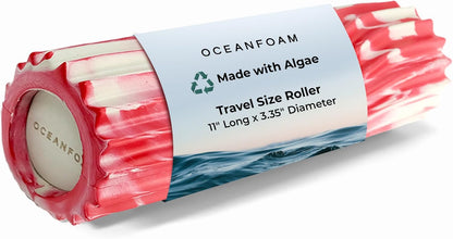 Oceanfoam Ripple Travel Foam Roller (11" x 3.35") Firm Mini Foam Roller for Physical Therapy, Deep Tissue Massage, Back Pain - High Density, Ergonomic Wave Textured - Yoga, Exercise (Red Marbled)