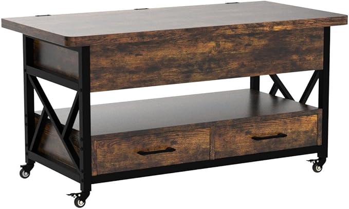 Itaar 40" Lift Top Coffee Table, 4 in 1 Coffee Tables with Storage for Living Room, Small Farmhouse Coffee Table with 2 Drawers & LED Light for Dining Reception Room, Rustic Brown