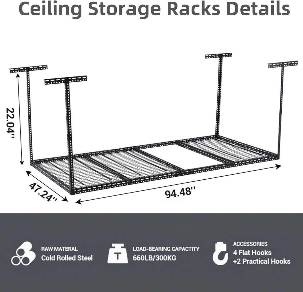 4x6 FT Overhead Garage Storage Rack, Steel Ceiling Storage Rack for Garage, Height Adjustable 22''-40", Heavy Duty 330 lbs Weight Capacity Storage Organizer System, for Basement Warehouse