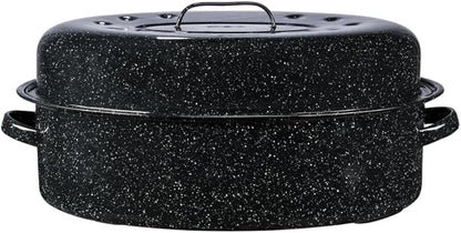 Granite Ware 19-Inch Covered Oval Roaster, 20 Lb Capacity - Enamel Steel Cookware, Dishwasher Safe & PFOA-Free, Even Heat Distribution for Roasting Poultry, Meat, or Vegetables (Speckled Black)